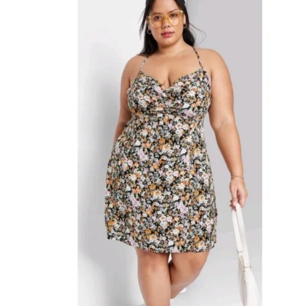 Wild Fable XL Sleeveless lace up back Fit & Flare Mini Dress Black Floral new